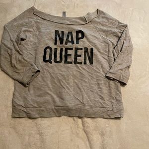 Off the shoulder “nap queen” top